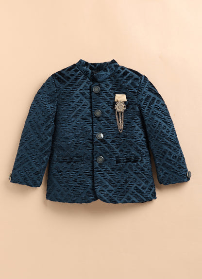 Velvet Woven Full Sleeves Self Textured Diagonal Design Prince Coat With Brooch & Solid Pant Party Wear Set - Blue