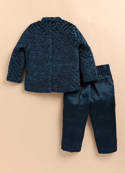 Velvet Woven Full Sleeves Self Textured Diagonal Design Prince Coat With Brooch & Solid Pant Party Wear Set - Blue