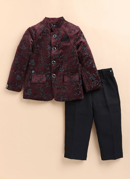 Velvet Woven Full Sleeves Self Textured Embroidered Prince Coat  & Solid Pant Party Wear Set - Maroon