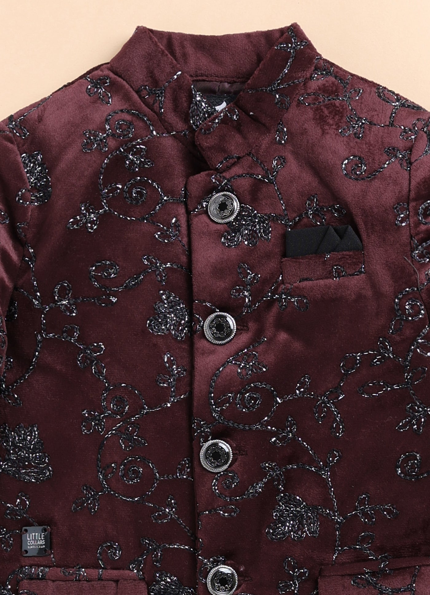 Velvet Woven Full Sleeves Self Textured Embroidered Prince Coat  & Solid Pant Party Wear Set - Maroon