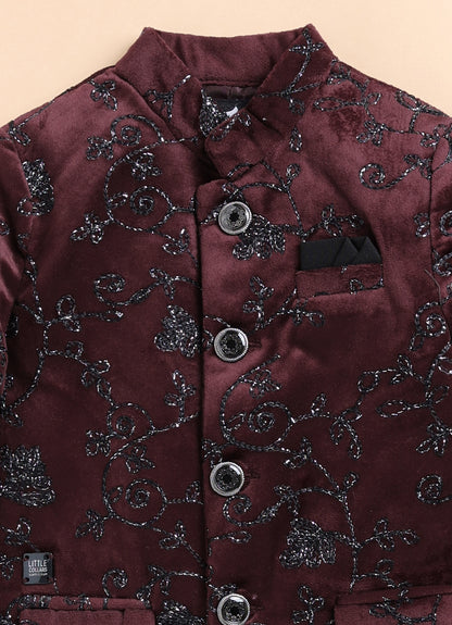 Velvet Woven Full Sleeves Self Textured Embroidered Prince Coat  & Solid Pant Party Wear Set - Maroon