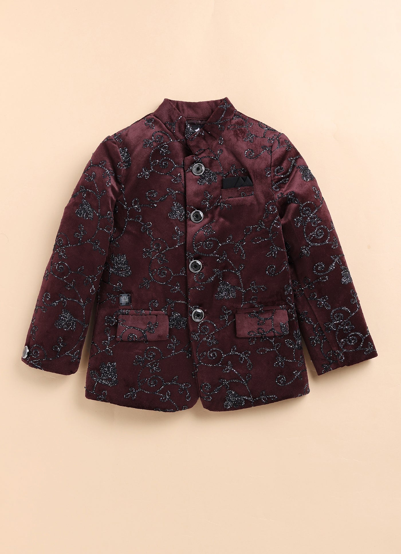 Velvet Woven Full Sleeves Self Textured Embroidered Prince Coat  & Solid Pant Party Wear Set - Maroon
