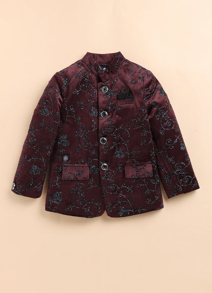 Velvet Woven Full Sleeves Self Textured Embroidered Prince Coat  & Solid Pant Party Wear Set - Maroon