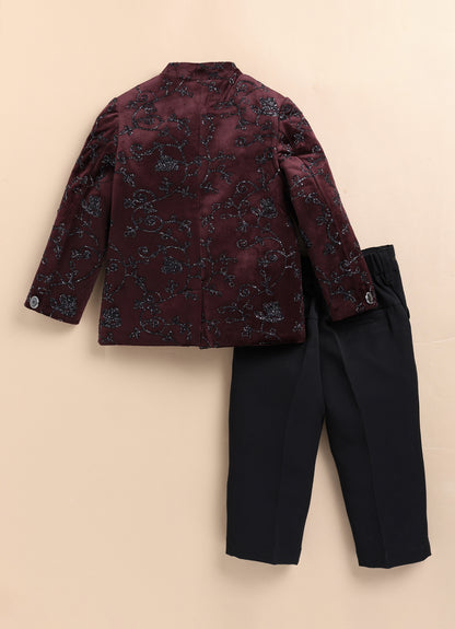 Velvet Woven Full Sleeves Self Textured Embroidered Prince Coat  & Solid Pant Party Wear Set - Maroon