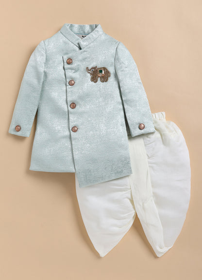 Blended Silk Full Sleeves Self Texture Elephant Hand Embroidered Achkan Bandh gala with Dhoti Ethnicwear Set- Green