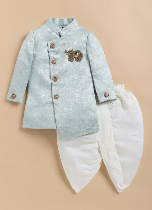 Blended Silk Full Sleeves Self Texture Elephant Hand Embroidered Achkan Bandh gala with Dhoti Ethnicwear Set- Green