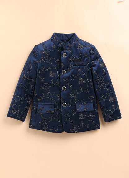Little Collars Velvet Woven Full Sleeves Self Textured Embroidered Prince Coat  & Solid Pant Party Wear Set - Blue