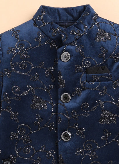 Little Collars Velvet Woven Full Sleeves Self Textured Embroidered Prince Coat  & Solid Pant Party Wear Set - Blue