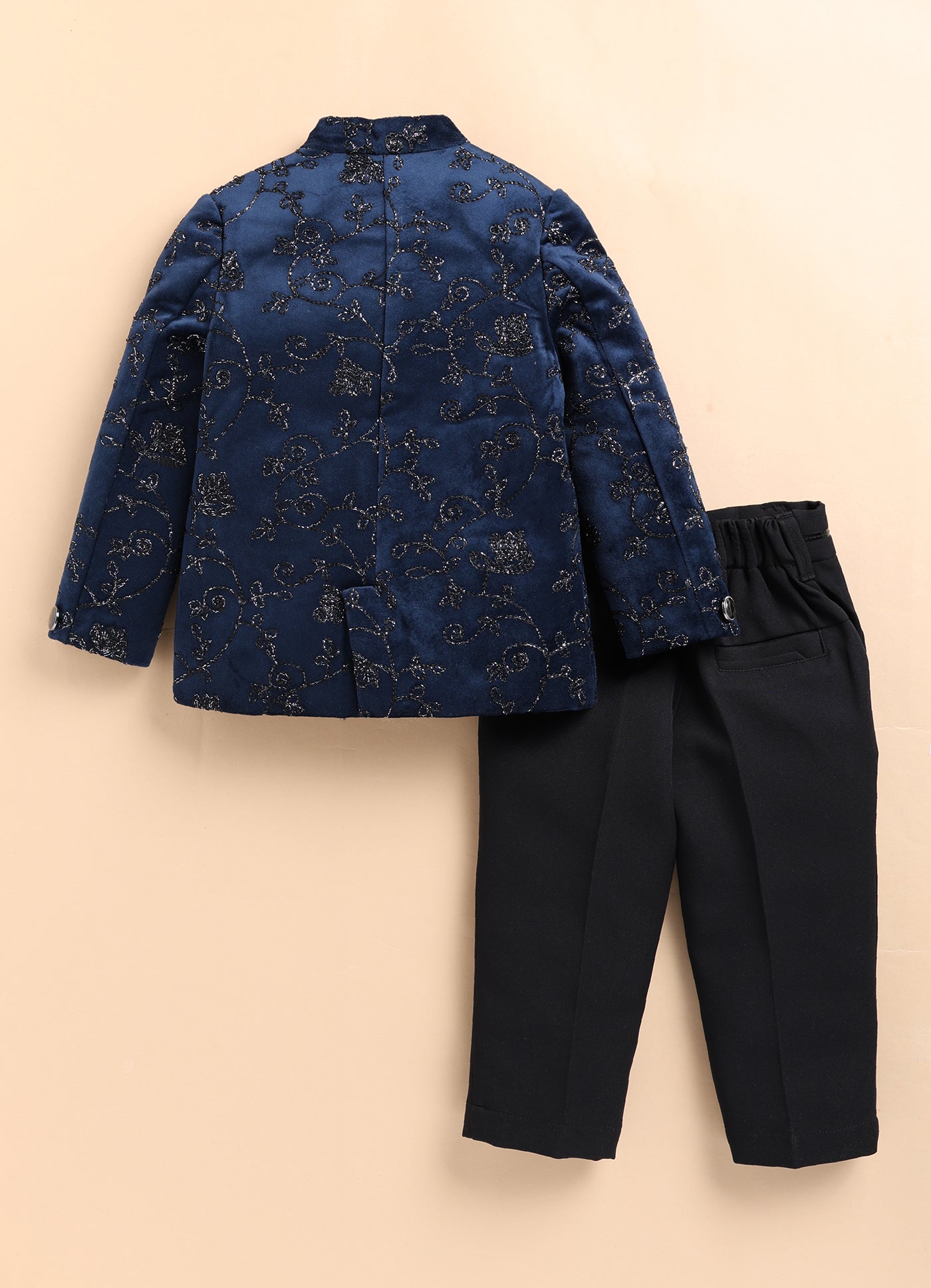 Little Collars Velvet Woven Full Sleeves Self Textured Embroidered Prince Coat  & Solid Pant Party Wear Set - Blue