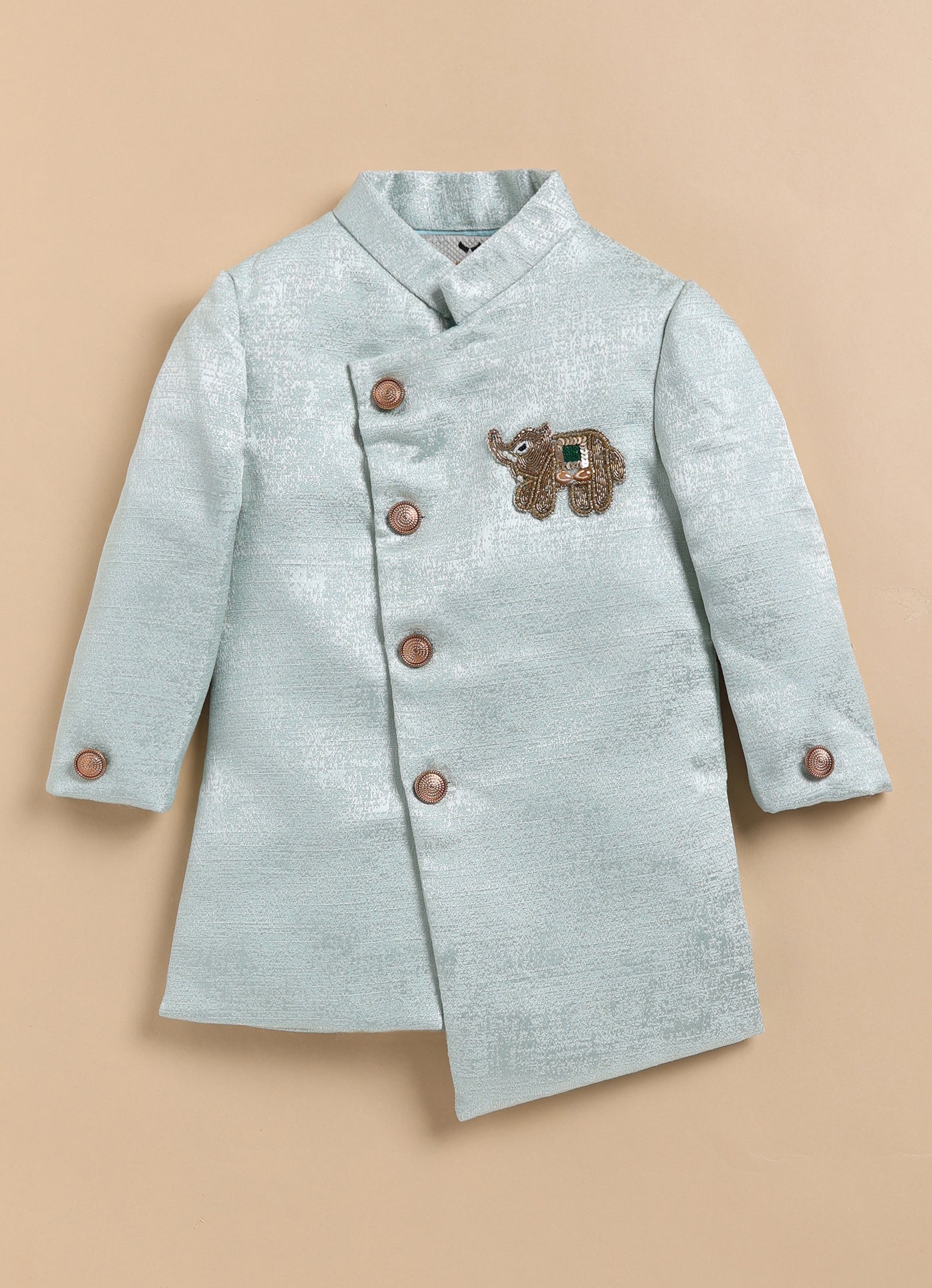 Blended Silk Full Sleeves Self Texture Elephant Hand Embroidered Achkan Bandh gala with Dhoti Ethnicwear Set- Green