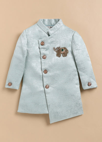 Blended Silk Full Sleeves Self Texture Elephant Hand Embroidered Achkan Bandh gala with Dhoti Ethnicwear Set- Green