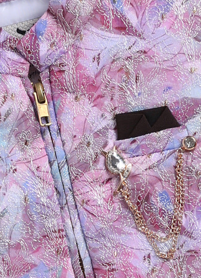 Blended Printed and Embroidered Woven Full Sleeves Zippered Nehru Jacket with Coloured Shirt Pant Brooch Set- Pink