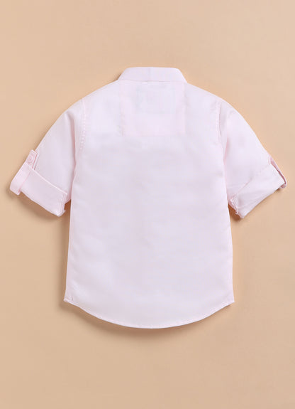 Blended Printed and Embroidered Woven Full Sleeves Zippered Nehru Jacket with Coloured Shirt Pant Brooch Set- Pink