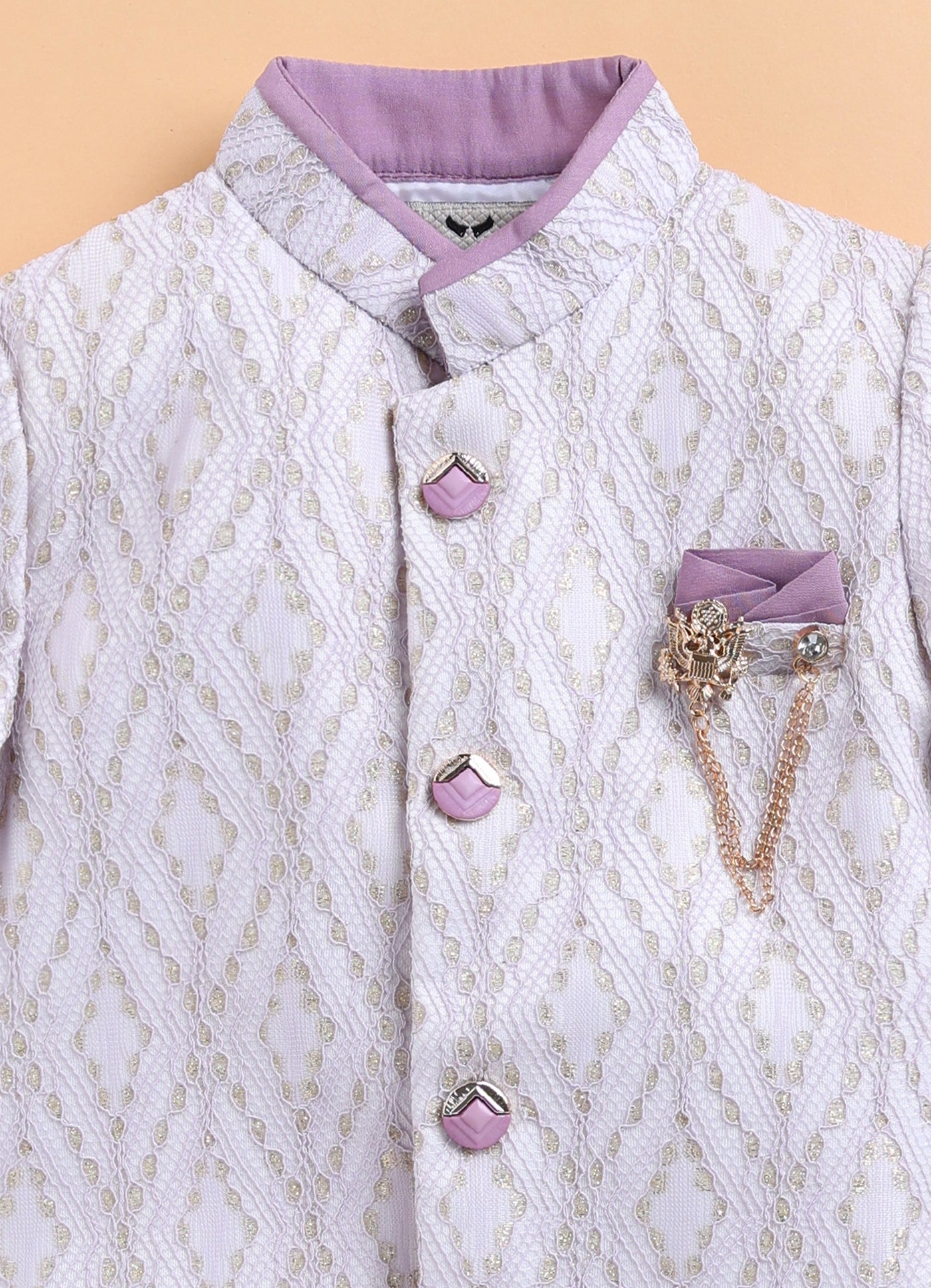 Blended Woven Full Sleeves Zari Work Embellished  & Abstract Embroidered Achkan With Dhoti Pant and Brooch Ethnic Set - Lavender