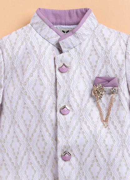 Blended Woven Full Sleeves Zari Work Embellished  & Abstract Embroidered Achkan With Dhoti Pant and Brooch Ethnic Set - Lavender
