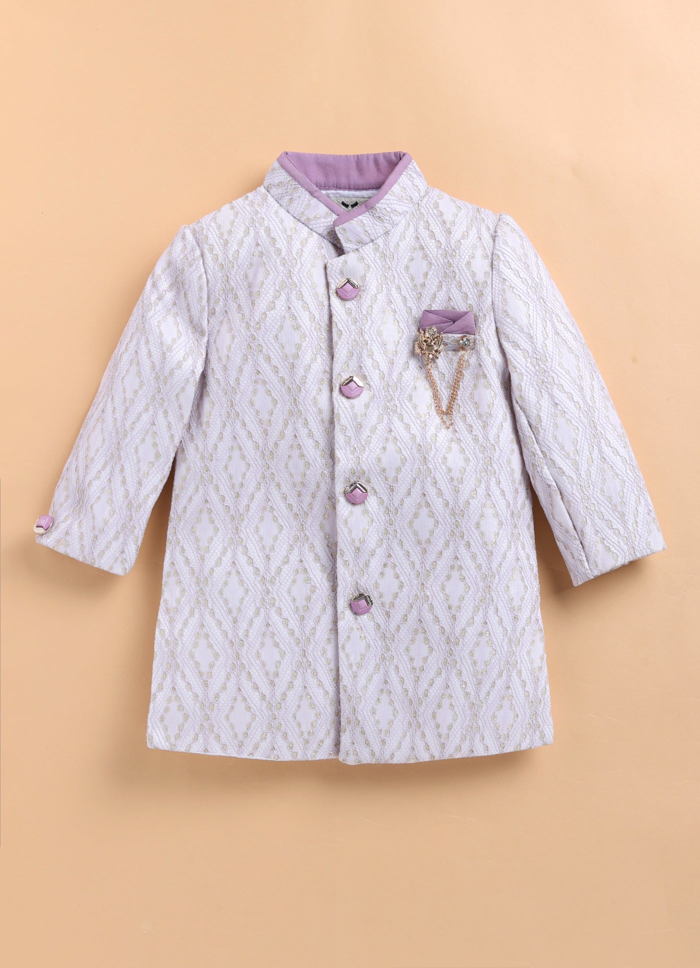 Blended Woven Full Sleeves Zari Work Embellished  & Abstract Embroidered Achkan With Dhoti Pant and Brooch Ethnic Set - Lavender