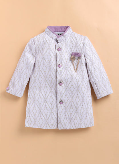Blended Woven Full Sleeves Zari Work Embellished  & Abstract Embroidered Achkan With Dhoti Pant and Brooch Ethnic Set - Lavender