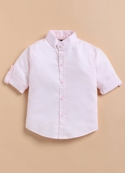 Blended Printed and Embroidered Woven Full Sleeves Zippered Nehru Jacket with Coloured Shirt Pant Brooch Set- Pink