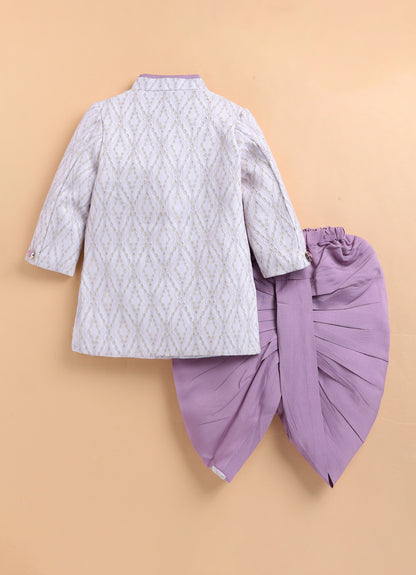 Blended Woven Full Sleeves Zari Work Embellished  & Abstract Embroidered Achkan With Dhoti Pant and Brooch Ethnic Set - Lavender
