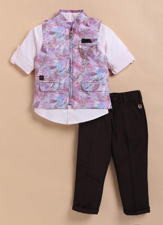 Blended Printed and Embroidered Woven Full Sleeves Zippered Nehru Jacket with Coloured Shirt Pant Brooch Set- Pink