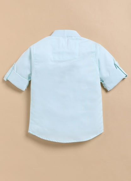 Blended Printed and Embroidered Woven Full Sleeves Zippered Nehru Jacket with Coloured Shirt Pant Brooch Set- Green