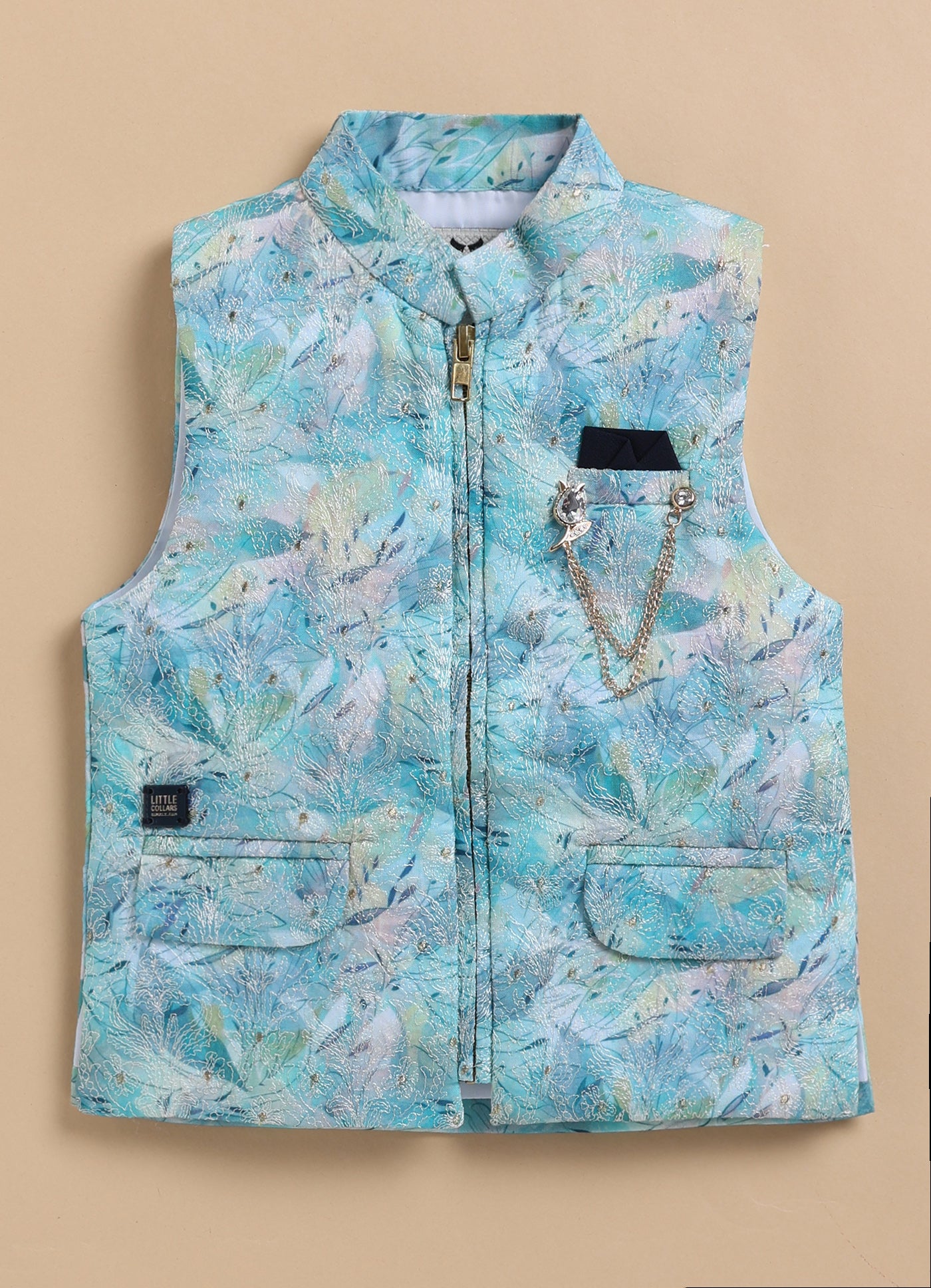 Blended Printed and Embroidered Woven Full Sleeves Zippered Nehru Jacket with Coloured Shirt Pant Brooch Set- Green