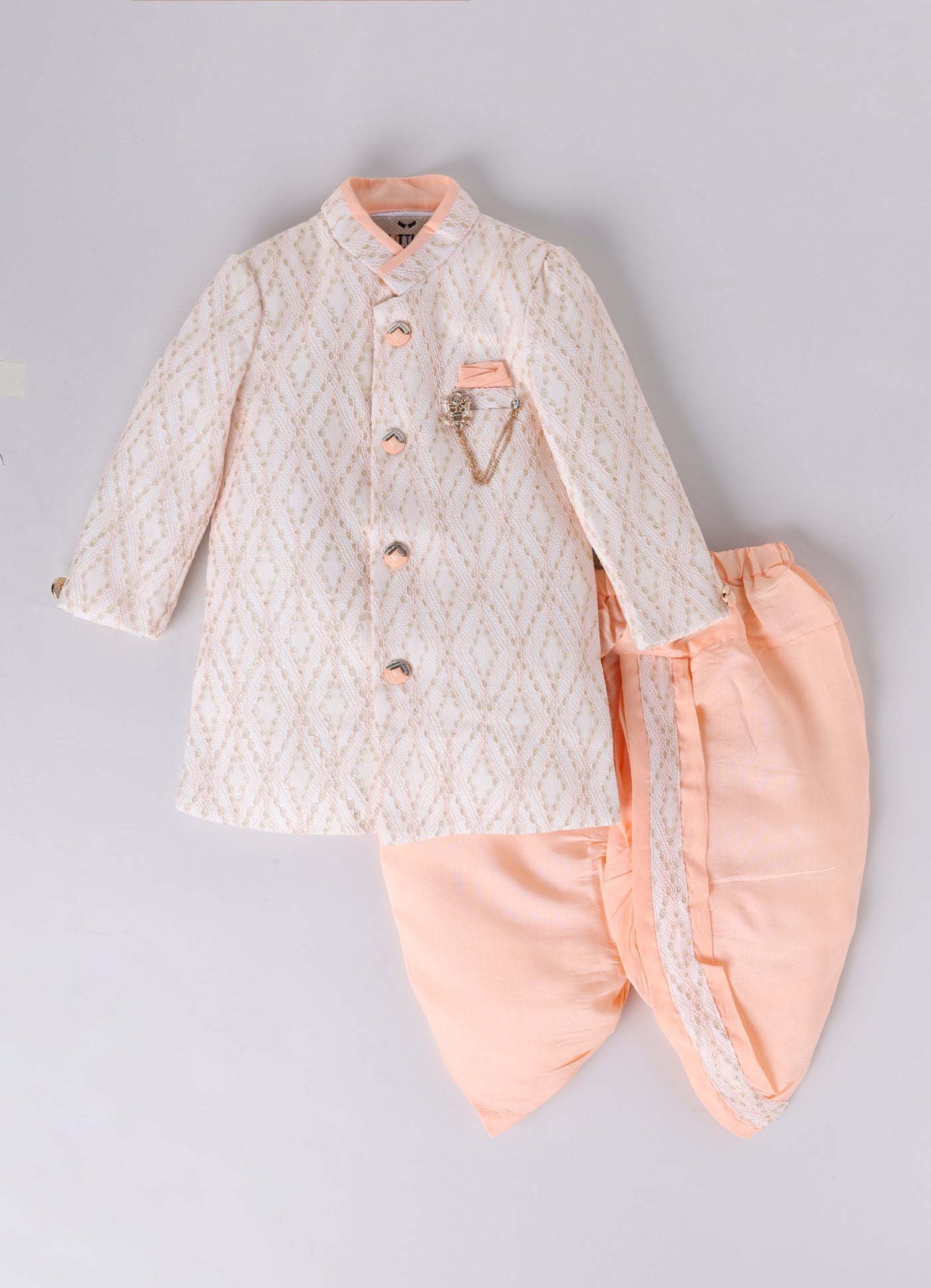 Blended Woven Full Sleeves Zari Work Embellished  & Abstract Embroidered Achkan With Dhoti Pant and Brooch Ethnic Set - Peach