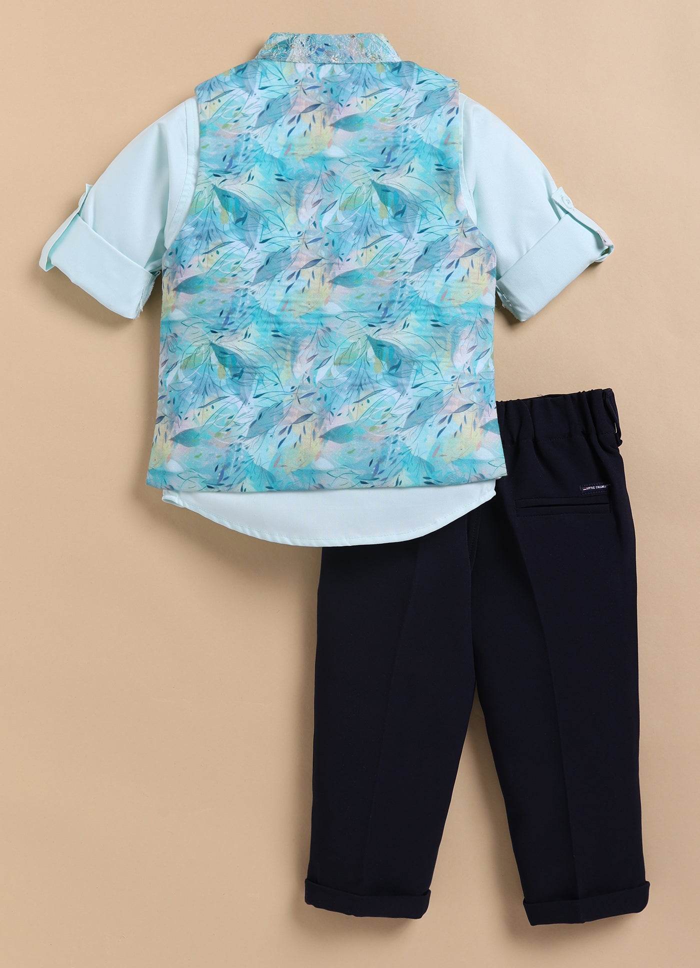 Blended Printed and Embroidered Woven Full Sleeves Zippered Nehru Jacket with Coloured Shirt Pant Brooch Set- Green