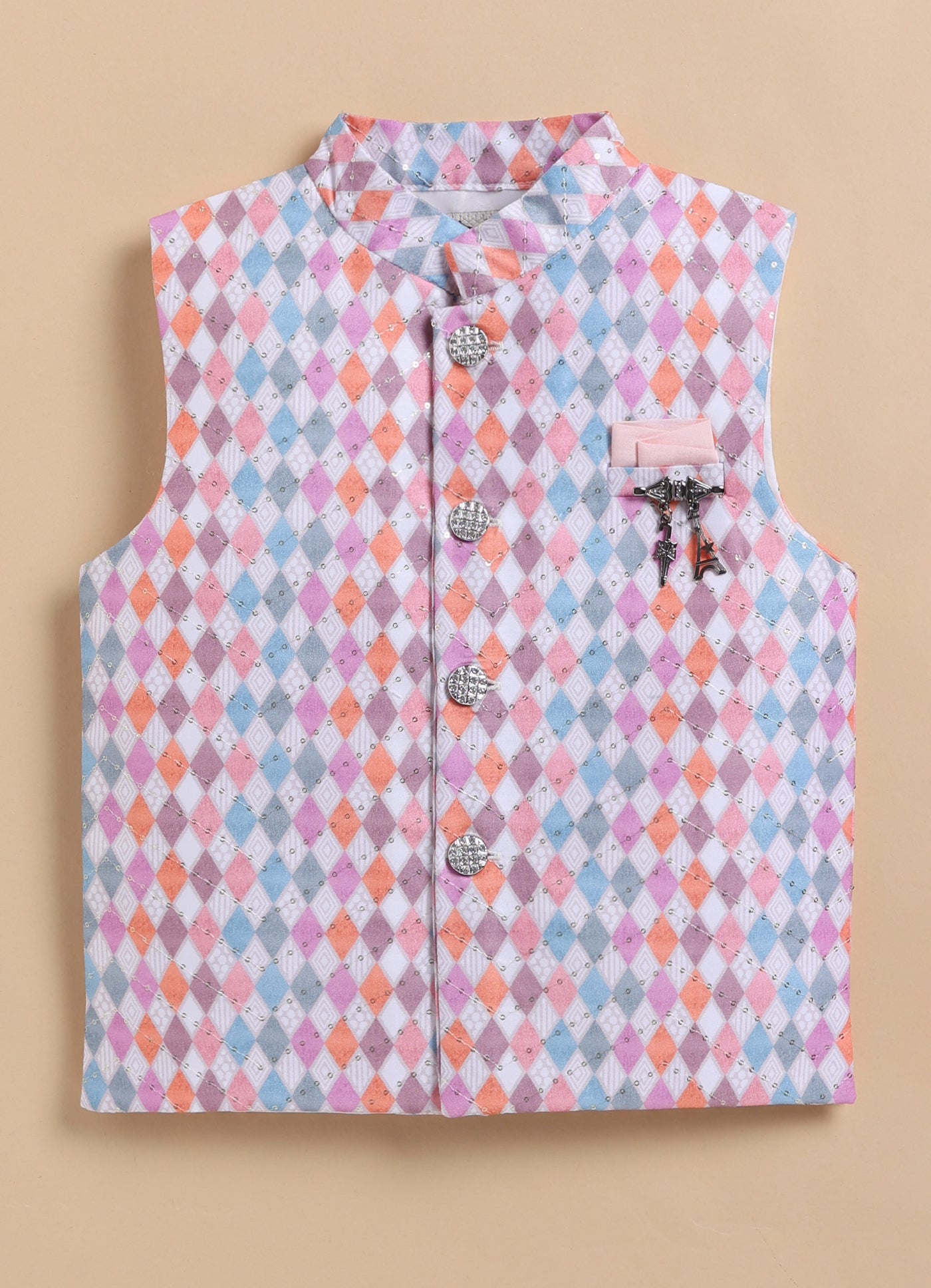Blended Silk Woven Full Sleeves Kurta Pajama with Geometrical Printed and Embroidered Nehru Jacket Ethnic Set- Pink