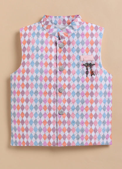 Blended Silk Woven Full Sleeves Kurta Pajama with Geometrical Printed and Embroidered Nehru Jacket Ethnic Set- Pink