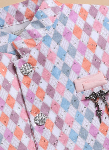 Blended Silk Woven Full Sleeves Kurta Pajama with Geometrical Printed and Embroidered Nehru Jacket Ethnic Set- Pink
