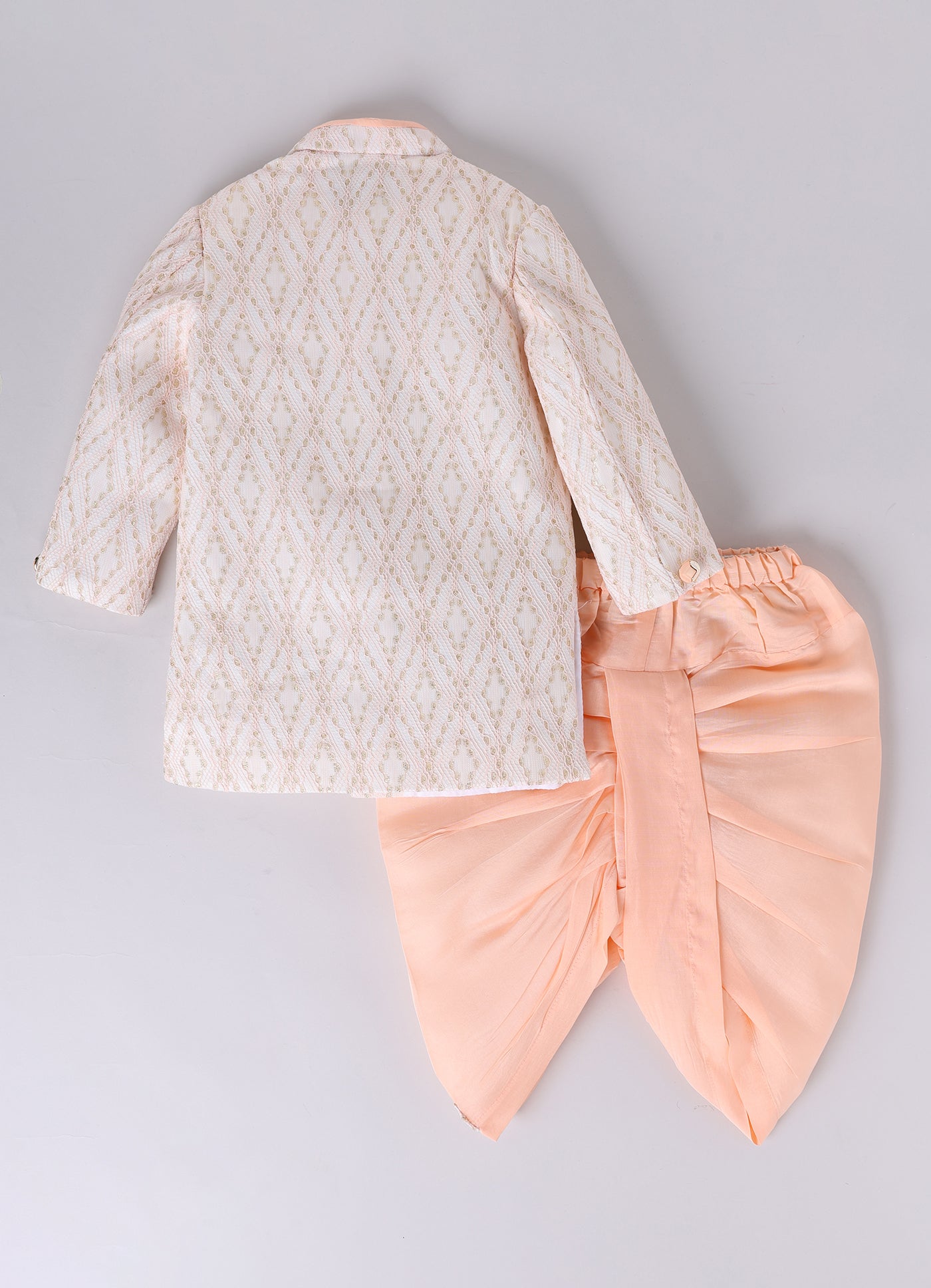 Blended Woven Full Sleeves Zari Work Embellished  & Abstract Embroidered Achkan With Dhoti Pant and Brooch Ethnic Set - Peach