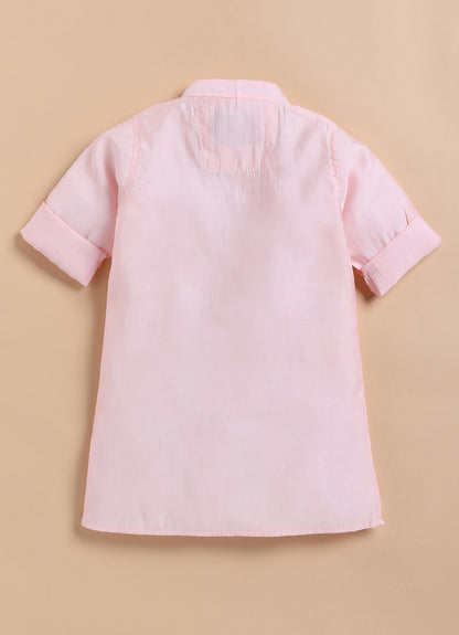 Blended Silk Woven Full Sleeves Kurta Pajama with Geometrical Printed and Embroidered Nehru Jacket Ethnic Set- Pink