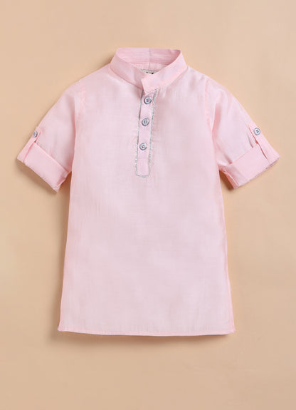 Blended Silk Woven Full Sleeves Kurta Pajama with Geometrical Printed and Embroidered Nehru Jacket Ethnic Set- Pink