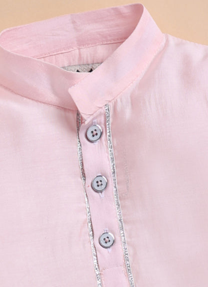 Blended Silk Woven Full Sleeves Kurta Pajama with Geometrical Printed and Embroidered Nehru Jacket Ethnic Set- Pink