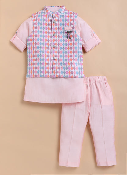 Blended Silk Woven Full Sleeves Kurta Pajama with Geometrical Printed and Embroidered Nehru Jacket Ethnic Set- Pink
