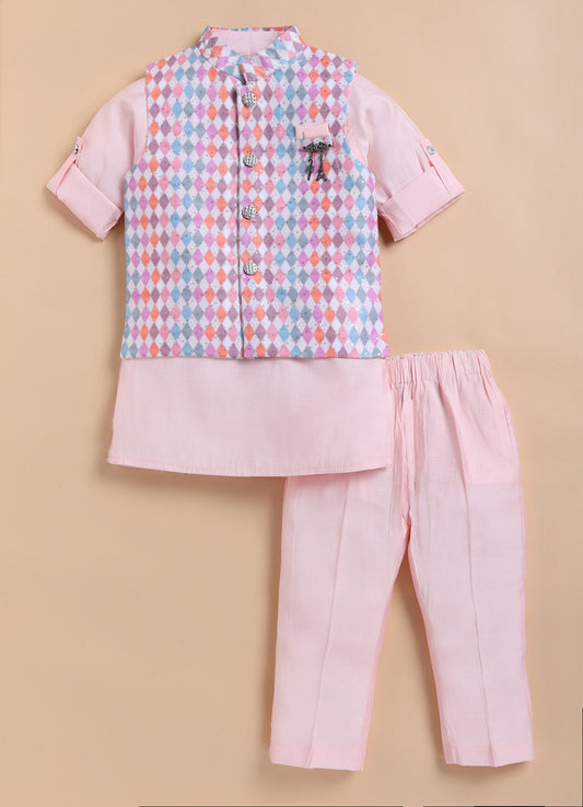 Blended Silk Woven Full Sleeves Kurta Pajama with Geometrical Printed and Embroidered Nehru Jacket Ethnic Set- Pink