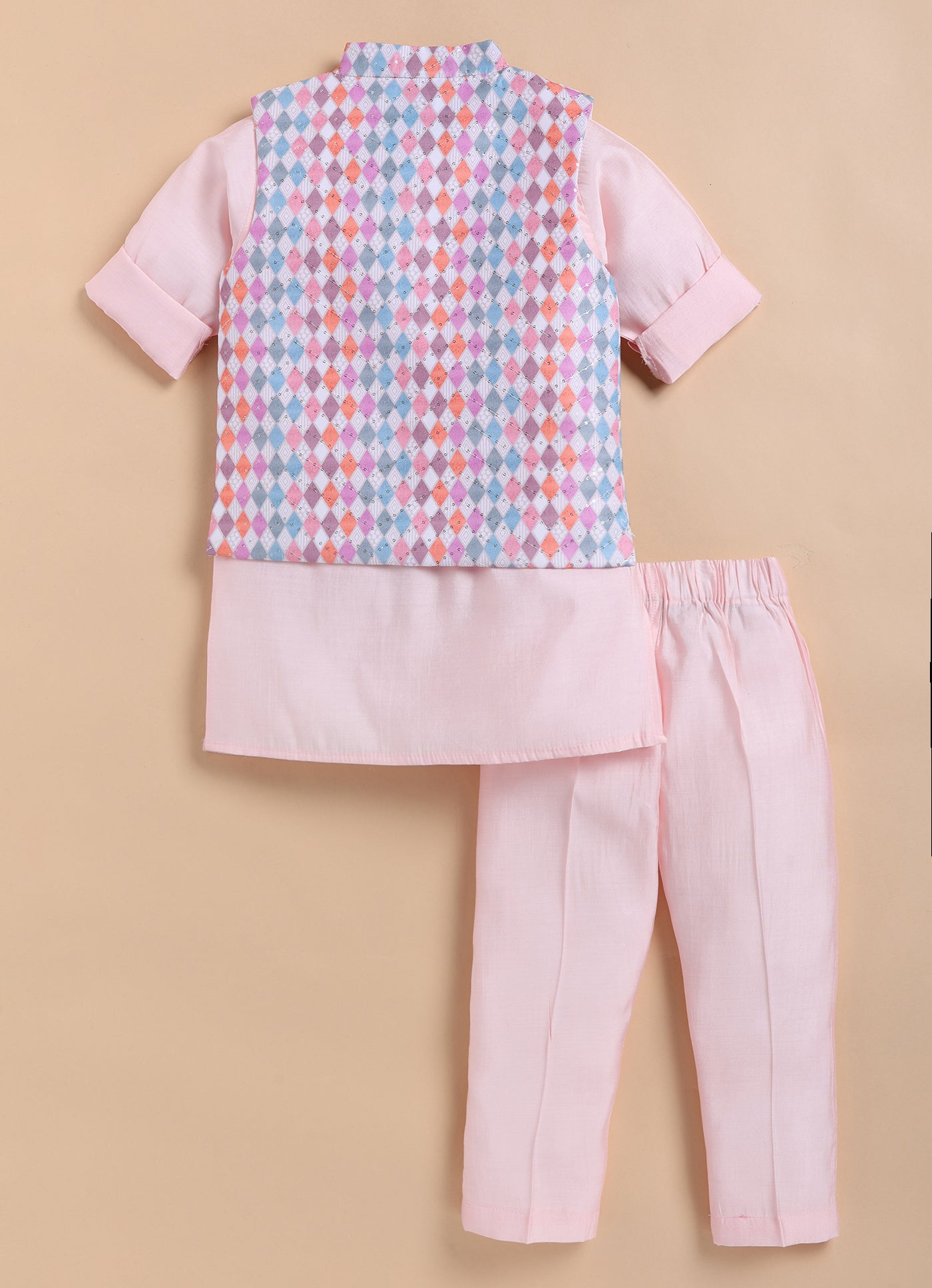Blended Silk Woven Full Sleeves Kurta Pajama with Geometrical Printed and Embroidered Nehru Jacket Ethnic Set- Pink