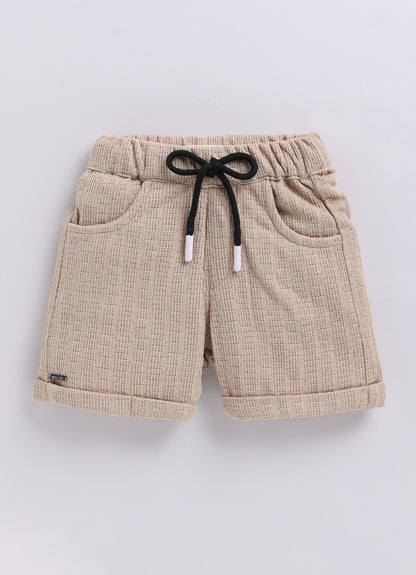 Blended Cotton Knitted Half Sleeves Solid Shirt with Shorts Coord Set- Beige