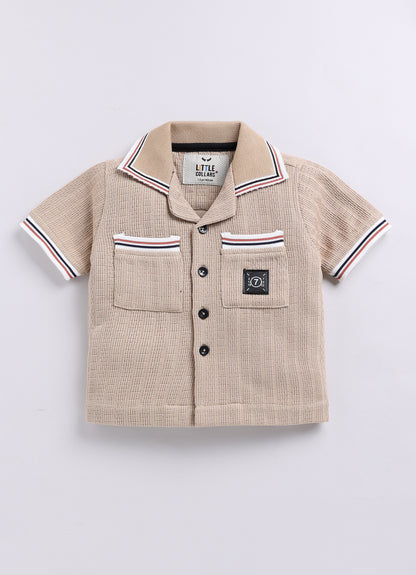 Blended Cotton Knitted Half Sleeves Solid Shirt with Shorts Coord Set- Beige