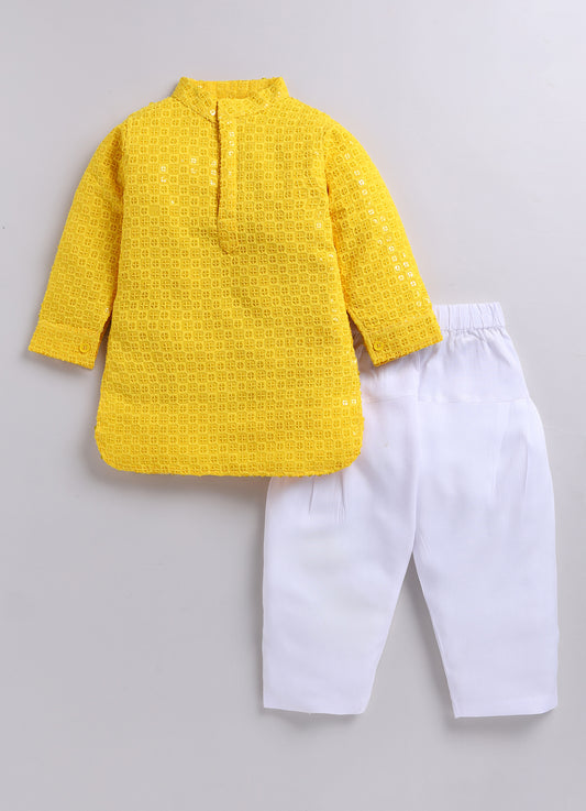 Silk Blended Woven Full Sleeves Pack of 2 Solid Embroidered Kurta Patiala Ethnic Set- Mustard