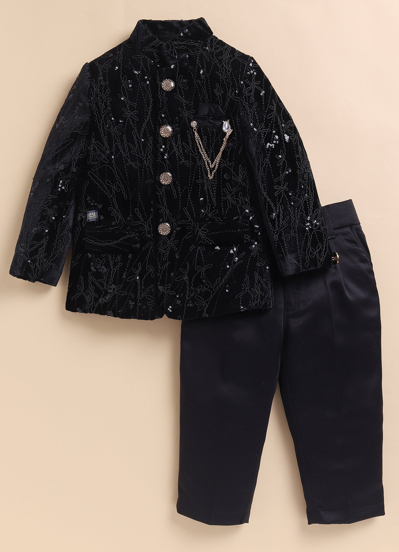 Velvet Full Sleeves Heavy All over Embellished and Embroidered Bandhgala Prince Coat with Trousers Ethnicwear Set- Black