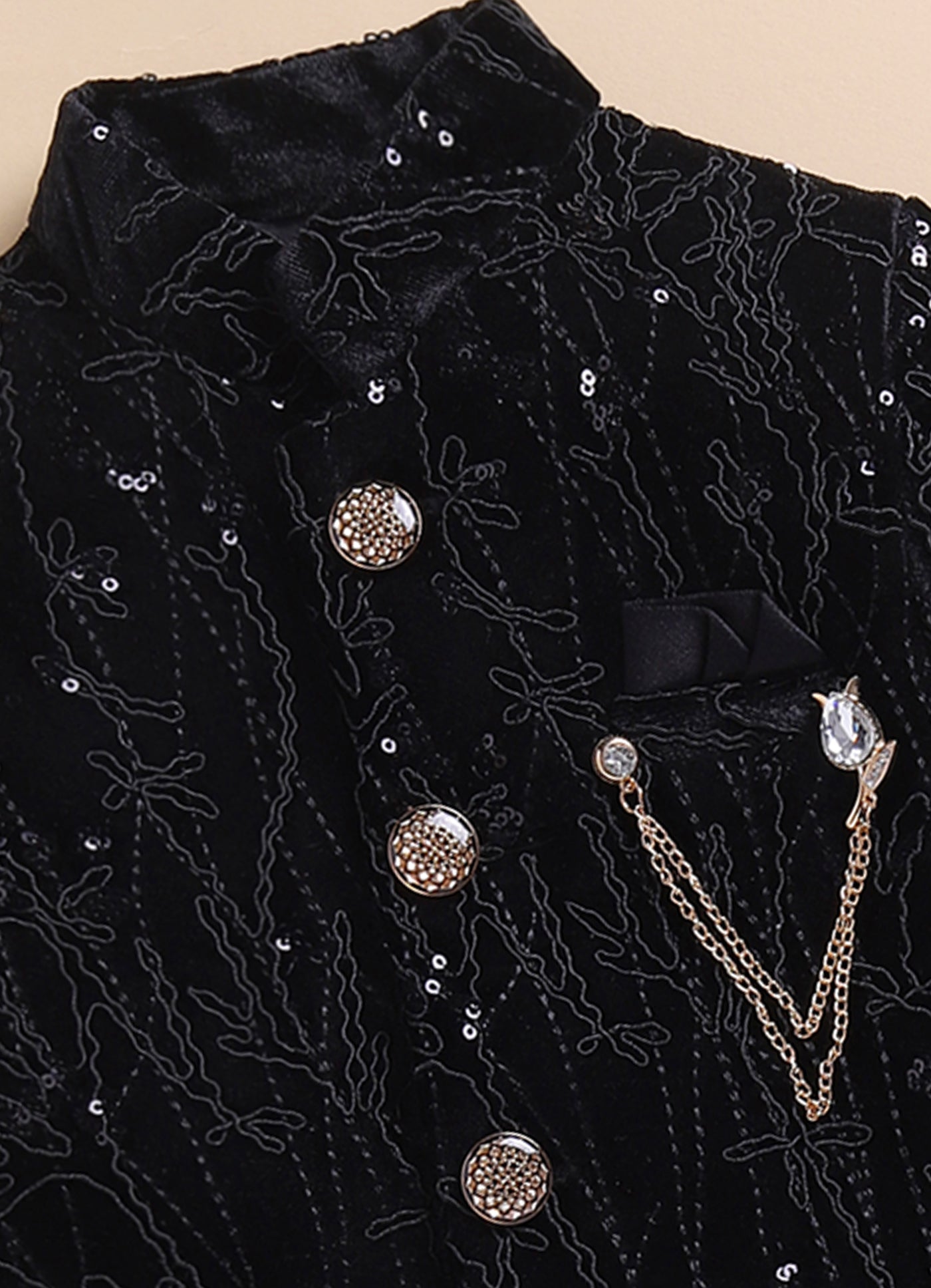 Velvet Full Sleeves Heavy All over Embellished and Embroidered Bandhgala Prince Coat with Trousers Ethnicwear Set- Black
