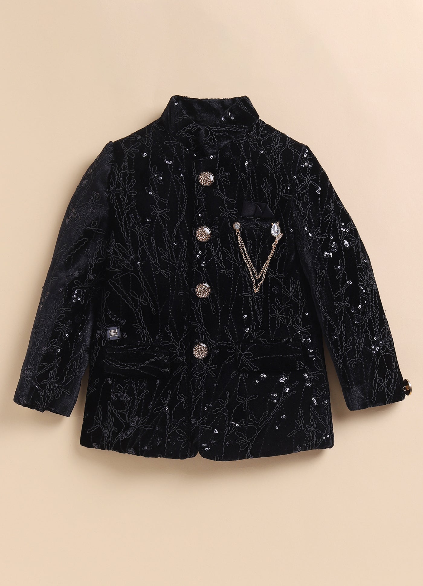 Velvet Full Sleeves Heavy All over Embellished and Embroidered Bandhgala Prince Coat with Trousers Ethnicwear Set- Black