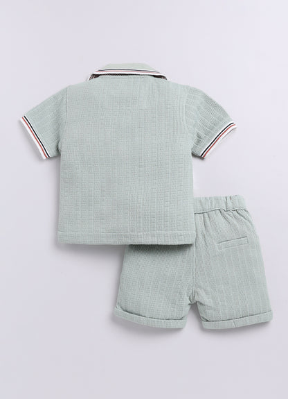Blended Cotton Knitted Half Sleeves Solid Shirt with Shorts Coord Set- Green