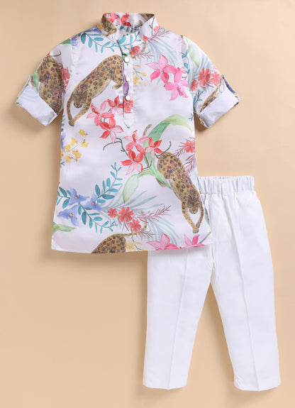 Blended Woven Full Sleeves Forest and Animal Printed Kurta Pajama Ethnic Set- Cream