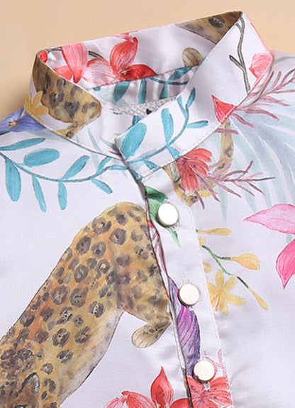 Blended Woven Full Sleeves Forest and Animal Printed Kurta Pajama Ethnic Set- Cream