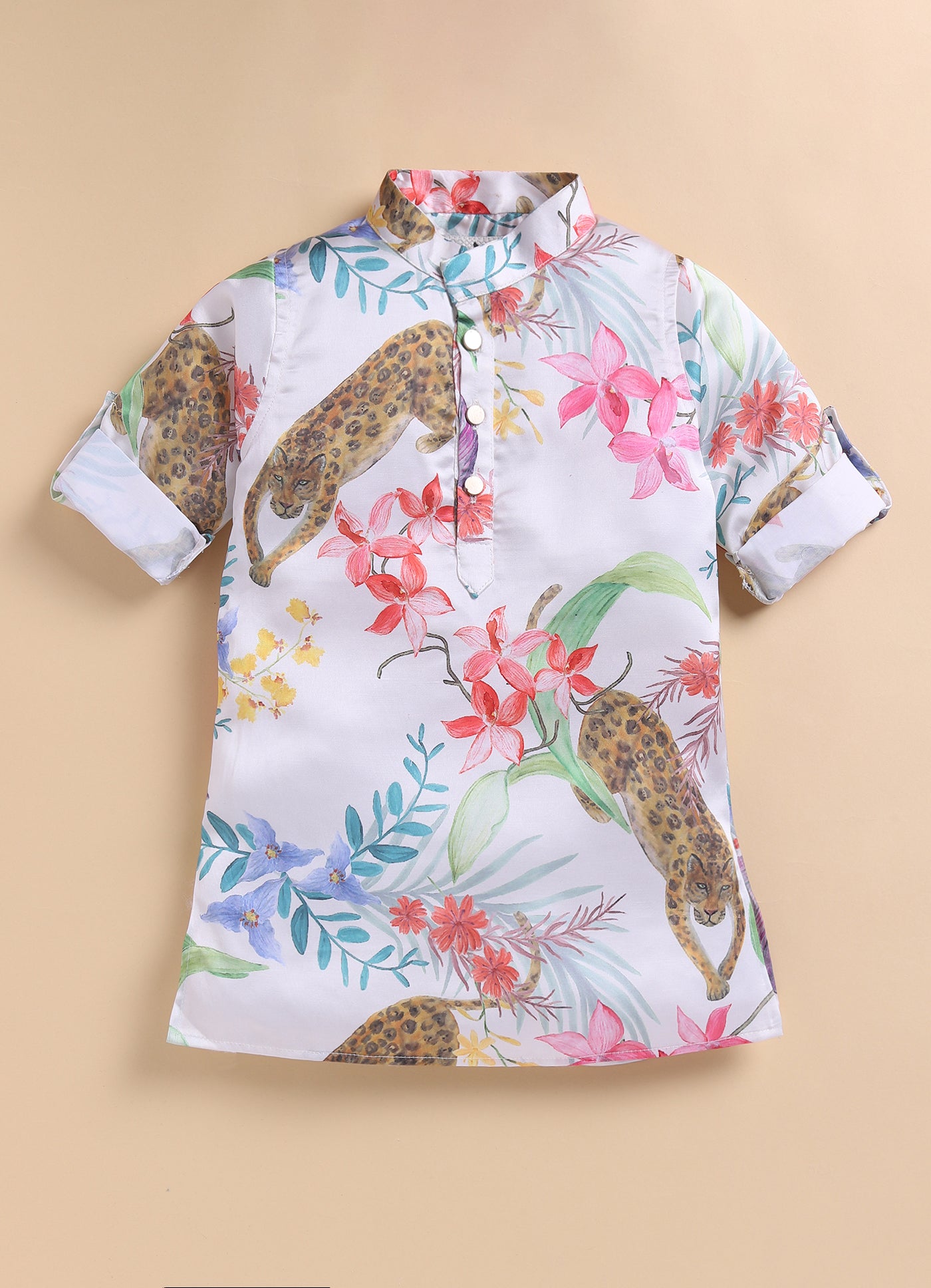 Blended Woven Full Sleeves Forest and Animal Printed Kurta Pajama Ethnic Set- Cream