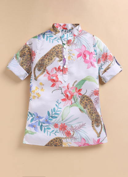 Blended Woven Full Sleeves Forest and Animal Printed Kurta Pajama Ethnic Set- Cream