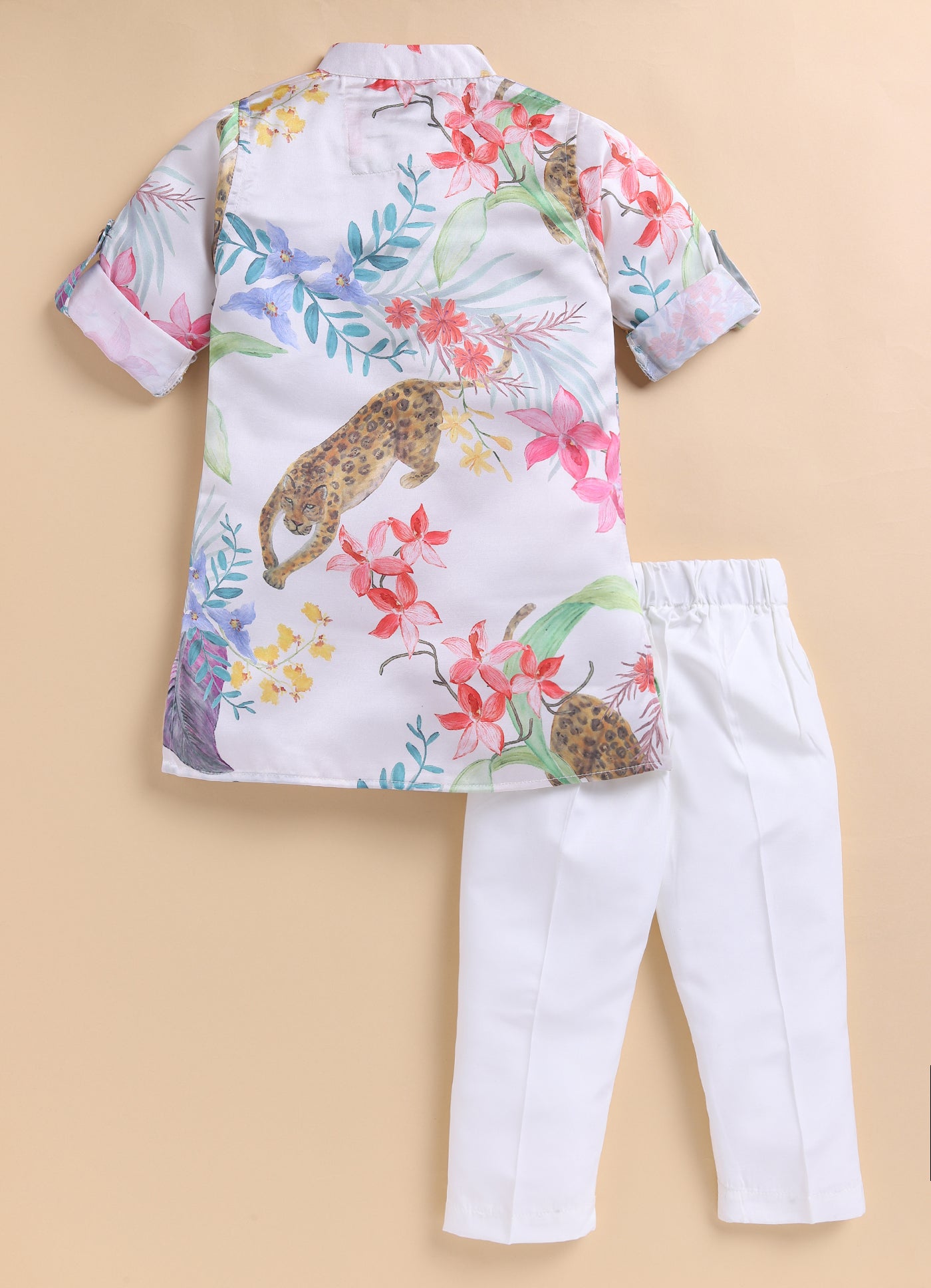 Blended Woven Full Sleeves Forest and Animal Printed Kurta Pajama Ethnic Set- Cream